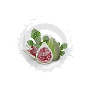 Red and Green Fig. Realistic 3d Figs With Splashing Milk. Detailed 3d Illustration Isolated On Purple with Yogurt Splash. Design photo