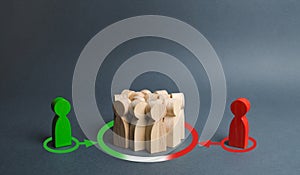 red and green figures of people influence the crowd. Pressure, influence on public opinion, communicating. influence of media