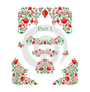 Red green floral folk vintage pattern collection with decorative pomegranate. Part 1