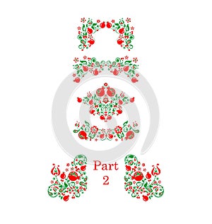 Red green floral folk vintage pattern collection with decorative pomegranate. Part 2