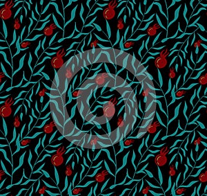 Red and green floral seamless pattern on black background. Wallpaper, fabric. Vector