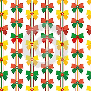 Red, green, gold ribbon and bow vector seamless pattern background. Vertical rows of fun Christmas decorations on white