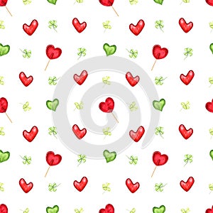 Red, green hearts and green leaves. Seamless pattern. Caramels in the shape of heart. Lollipop on stick. Sucker, sweets