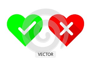 Red and green hearts with Yes and No check marks flat icon vector illustration design for love concept.