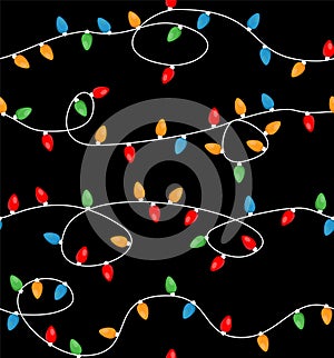 Red and Green Holiday Christmas and New Year Intertwined String Colorful Lights on White Background Vector Seamless Pattern.