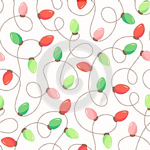 Red and Green Holiday Christmas and New Year Intertwined String Lights on White Background Vector SEamless Pattern