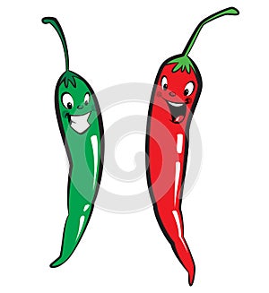 Red and green hot chili character peppers