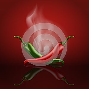 Red and green hot chili pepper with smoke