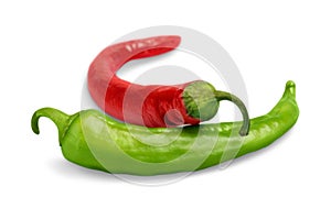 Red and green hot chili peppers on white