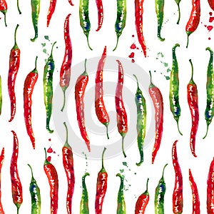 Red and green hot chilli peppers watercolor seamless pattern isolated on white background.