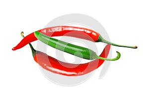 Red and green hot chilly peppers isolated on white