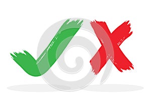 Red and green ink brushed check mark and crossed mark icons set on white background