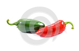 Red and green jalapeno chili hot pepper on white background