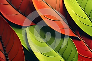 Red and green leaves background, vibrant nature wallpaper, abstract illustration, top view