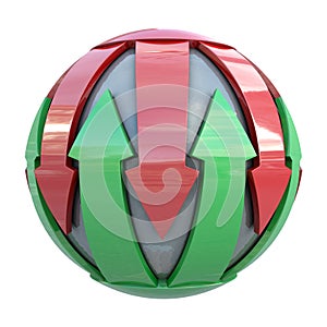 Red and green lines on gray sphere