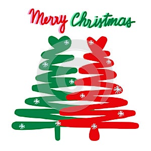 red green Merry Christmas handwritting with pine tree line art doodle photo