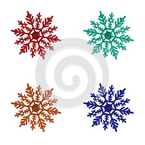 Red green orange blue snowflakes isolated on white background