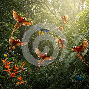 Red And Green Parrots In Flight Tropical Rainforest Jungle