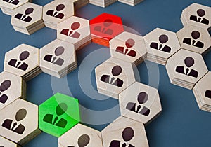 Red and green people in the corporate network. Resolution of issues and conflicts through contact managers photo