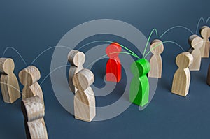 Red and green people in the corporate network. Resolution of issues and conflicts through contact managers. Concept of a reliable photo
