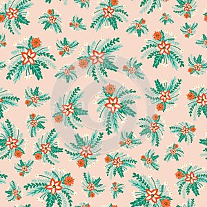 Red green pink florals Seamless vector pattern.Flower bouquets background. Flat Scandinavian vintage style abstract