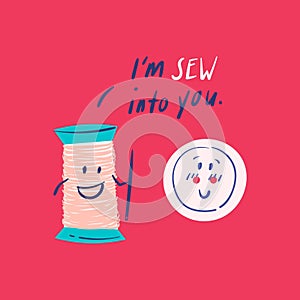Red Green Pink White Blue Cute and Playful Hand-drawn Line-art Sewing Button Thread Sew Pun Puns Corny Circle Round Laptop Sticker photo