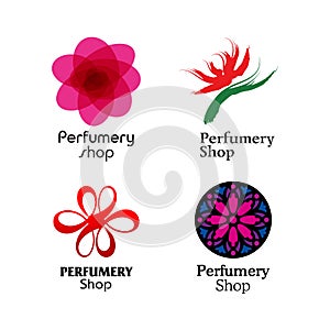 Red, green and purple perfumery brand logos set