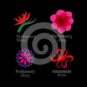 Red, green and purple perfumery brand logos set on