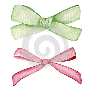 Red and green ribbon bow. Watercolor Christmas decoration element. Girl hair accessory