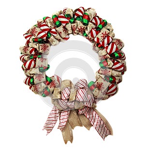 Red and Green Ribbon Christmas wreath with decorations isolated on white background