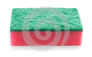 Red and green sponge for washing and cleaning of kitchen ware isolated on a white