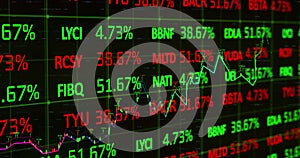 Red and green stock market data rolling and processing over a grid