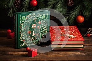 red and green storybooks about christmas on wooden surface