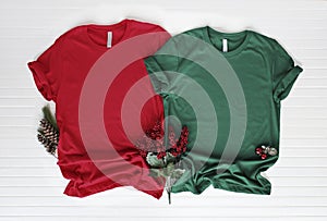 Red and green tshirt mockup - shirt boots and jeans. Christmas mock up