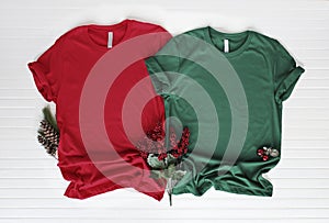 Red and green tshirt mockup - shirt boots and jeans. Christmas mock up photo
