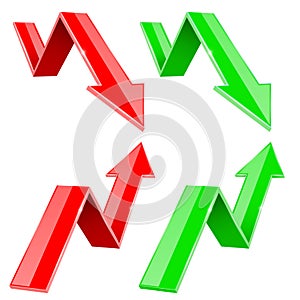 Red and green UP and DOWN arrows. Financial statistic 3d symbols