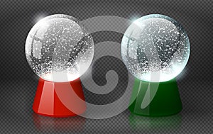 Red and green vector snow globe empty template isolated on transparent background. Christmas magic ball. White glass ball dome