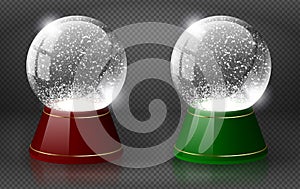 Red and green vector snow globe empty template isolated on transparent background. Christmas magic ball. White glass ball dome