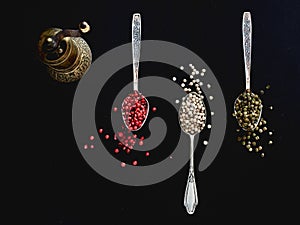 Red, green and white pepper on dark black background top view of three types of pepper in tea spoons and an spices grinder vintage