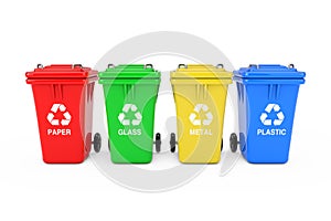 Red, Green, Yellow and Blue Recycle Bins with Recycle Symbol. 3d Rendering