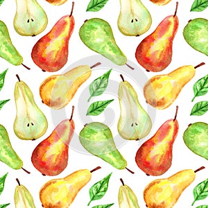 Red, green, yellow pears. Seamless pattern. Hand drawn watercolor illustration. Texture for print, fabric, textile, wallpaper