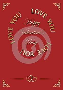 Red greeting card Happy Valentine Day - vector background with golden decorations