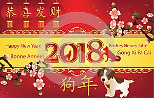 Red greeting card with text in Chinese and English, designed for the Chinese Year of the Dog festival