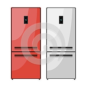 Red and grey kitchen fridges with digital display .