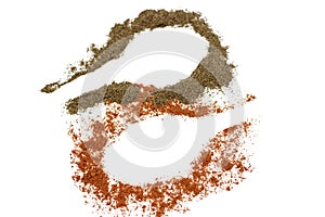 Red ground paprika and black pepper isolated on white background, trail from a spoon