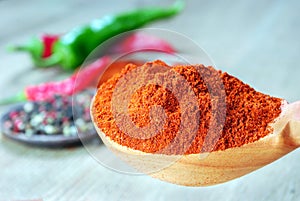 Red ground pepper in a wooden spoon. close up.