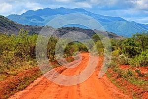 Red ground road and savanna. Tsavo West, Kenya, Africa