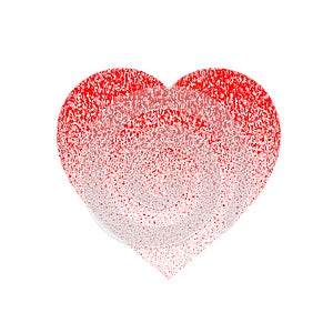Red grunge distressed textured hand made heart made of paint spray with drops, dribble, sprinkle. Halftone from scarlett to light
