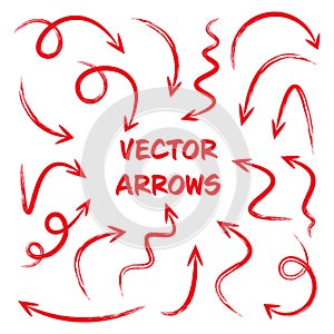 Red grunge hand drawn arrows isolated on white background. Doodle arrow, zigzag and round pointers. Handmade sketches of