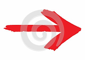 Red grungy arrow direction sign painted with hand brush over white transparent background.